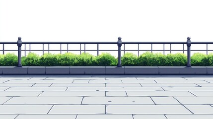 Paved patio area with metal fence and lush green shrubbery against a white backdrop