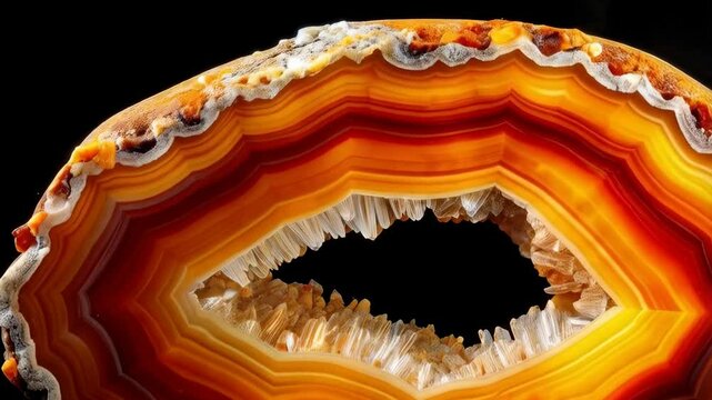 Captivating orange and white agate geode slice showcasing intricate crystal formations against a contrasting black background
