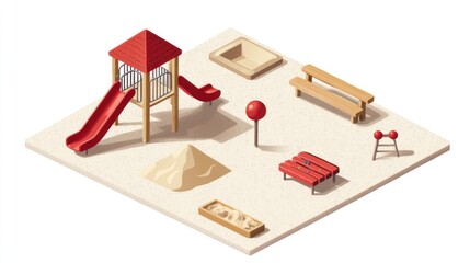 Isometric view playground equipment on tan surface, including slide, benches, sandboxes