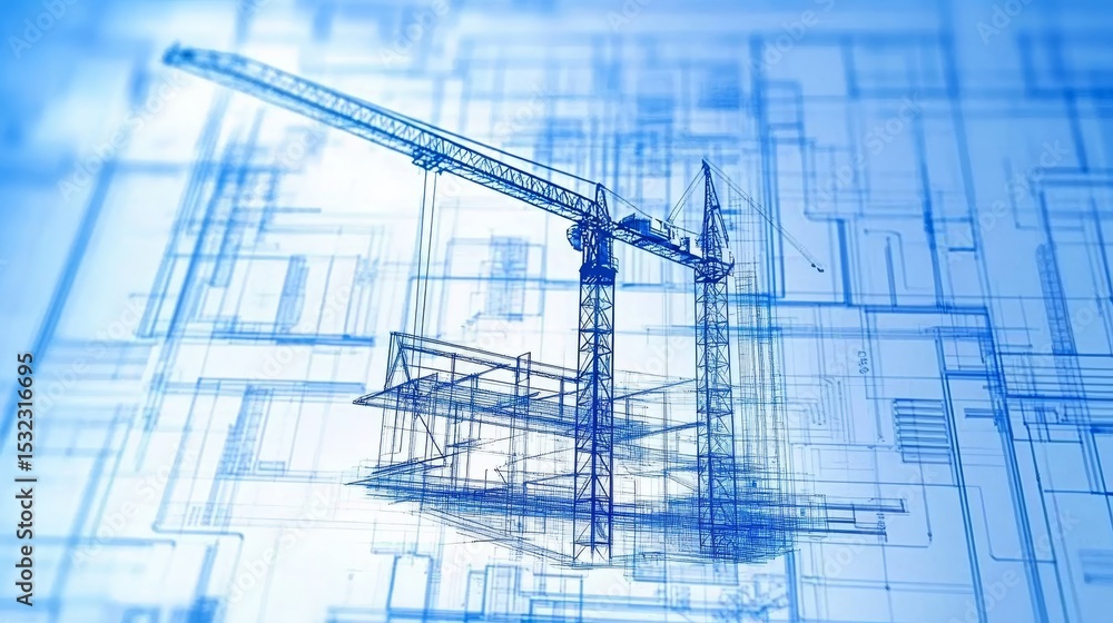 Poster blueprint design for a construction project, showcasing a building site with a crane and workers.