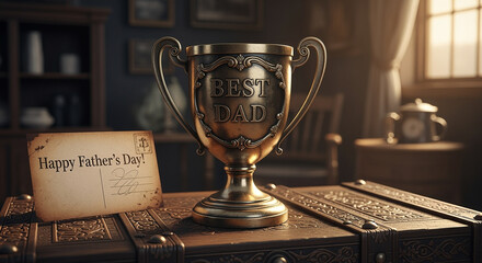 Trophy for Best Dad with Father's Day Card in Cozy Setting