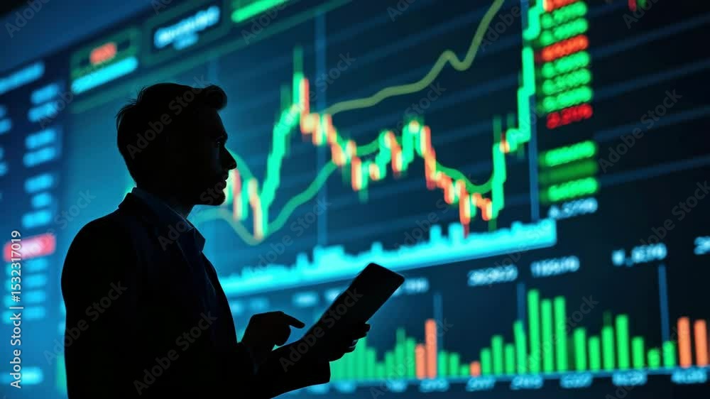 Aufkleber businessperson analyzing data on a digital screen with charts and graphs.