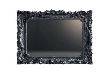 Ornate black mirror with a textured frame, isolated on white