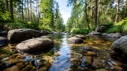 Forest stream with rocks and sunlight