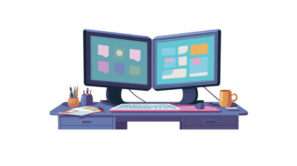 A digital illustration depicting a clean, modern workstation setup featuring two large computer monitors arranged side-by-side on a dark-colored desk.  The monitors display various colorful icons