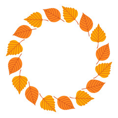 Autumn leaves circle frame. Round border made of fall leaves in orange, yellow, and green. The leaves have different shapes and are arranged in a circle. Vector flat isolated on white background.