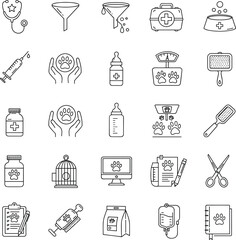 Veterinary care and pet health icons set, vector collection including syringe, stethoscope, paw, cage, grooming tools, pet food, medicine, treatment, animal clinic