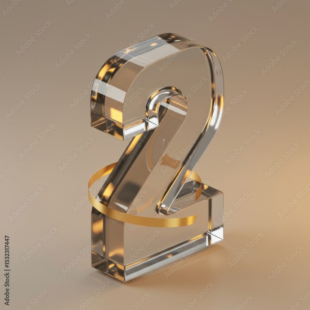 Poster abstract number two in transparent glass with gold ribbon. modern graphic design element with neutra