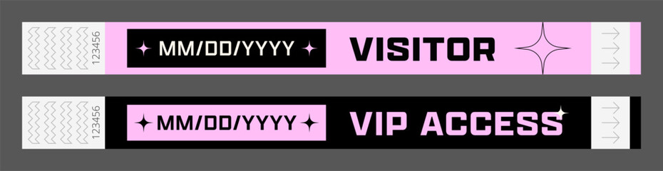Wristbands for access control. Vector template for events, parties, fan zones, staff, VIP areas, and more.