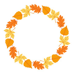 Autumn leaves circle frame. Round border made of fall leaves in orange, yellow, and green. The leaves have different shapes and are arranged in a circle. Vector flat isolated on white background.