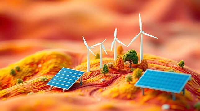 Miniature wind turbines and solar panels generate clean energy on a vibrant orange landscape, nestled among autumnal trees - Powered by Adobe