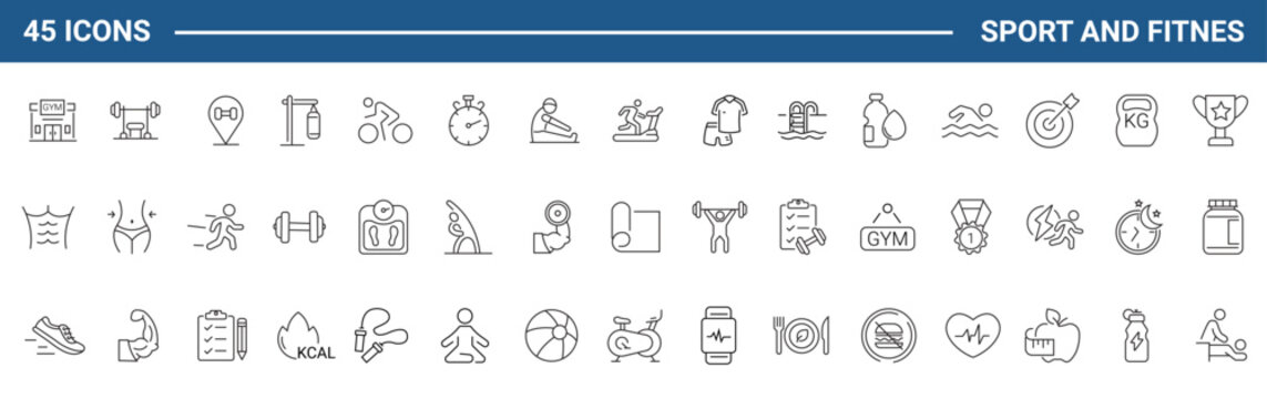 Sport and Fitness set of web icons in line style. Gym and health care. Healthy lifestyle icons. Nutrition and dieting, training, body care, healthy food, workout, muscle, and weight. Editable Stroke