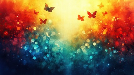 Colorful butterflies ascend, vibrant bokeh background, spiritual, design
