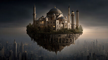 Medieval castles rising amid futuristic megacity, time distortion with epochs colliding in high-tech