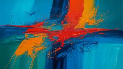 The composition features a dominant turquoise blue background with dynamic brushstrokes