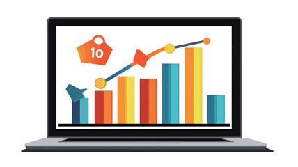 The image showcases a close-up view of a silver laptop with its screen displaying a vibrant bar graph illustrating upward sales growth.  The graph utilizes a color palette of warm oranges and