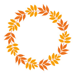Autumn leaves circle frame. Round border made of fall leaves in orange, yellow, and green. The leaves have different shapes and are arranged in a circle. Vector flat isolated on white background.