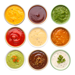 Variety of sauce in a bowl top view png collection of different dipping sauces, colorful and tasty isolated on white background