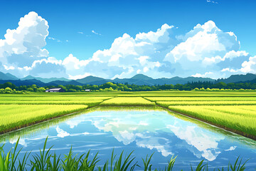 Lush Green Rice Fields Under a Bright Blue Sky with Fluffy Clouds and Reflections