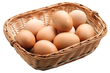 Fresh brown eggs in wicker basket isolated on a white background
