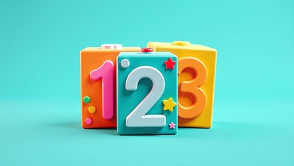3D number 123 block icon for education, Bold vibrant cube in kid-friendly style, Cyan background offers clean layout, Multipurpose design for learning visuals, Early numeracy math toy illustration use