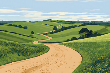 Serene winding dirt road through lush green hills under a clear blue sky, inviting exploration
