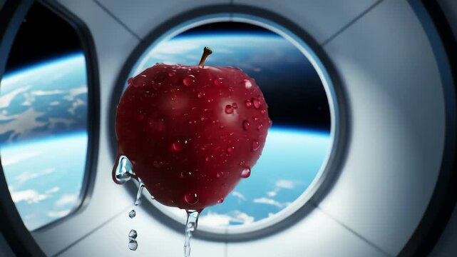 Fresh Red Apple with Glistening Water Droplets Floating in Spaceship Cabin with Earth View from Porthole