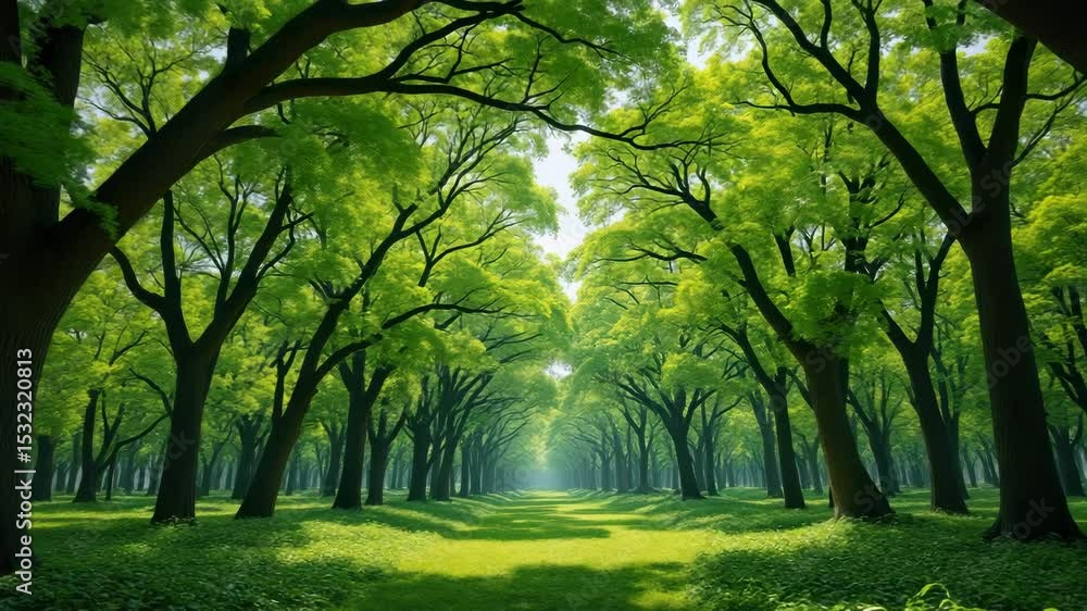 Poster lush forest path with sunlight filtering through vibrant green trees.