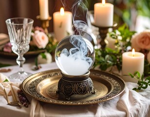 Crystal ball with smoke on a dinner table
