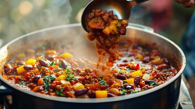 Delicious chili in a pot being served with spoon. Food, cooking, meal, and cuisine concept with beans and meat.