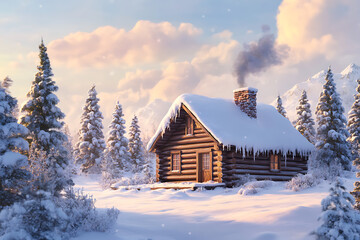 Cozy log cabin surrounded by snow-covered trees in a serene winter landscape at sunset