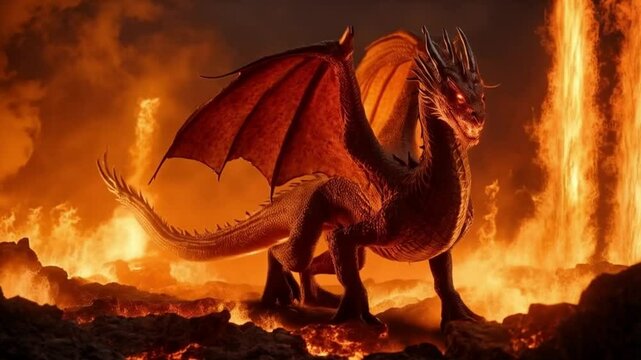 A dragon standing amidst fire and smoke with large wings and glowing red eyes in a fiery scene video