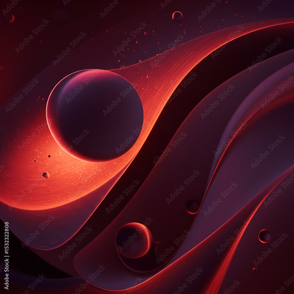 Poster abstract swirling of deep crimson and violet fluid, with glowing orbs. intricate flowing patterns in