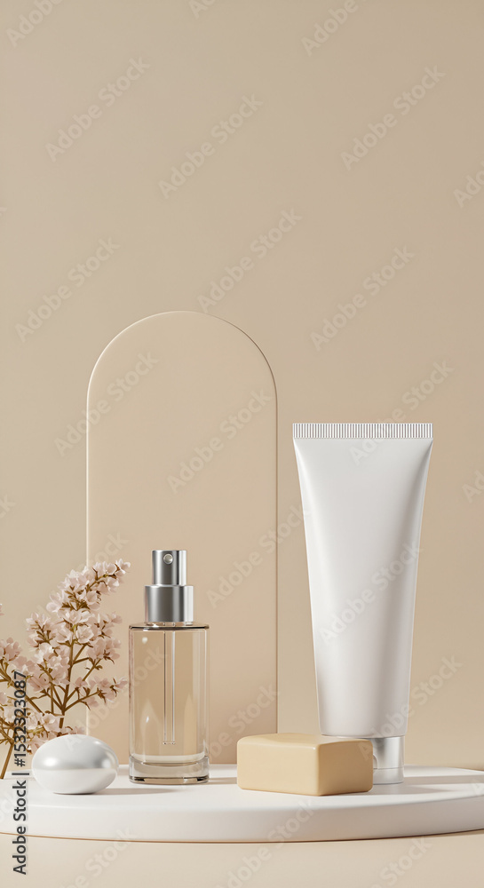 Poster empty cosmetic bottles and a bar of soap displayed on a neutral background with flowers. a minimalis