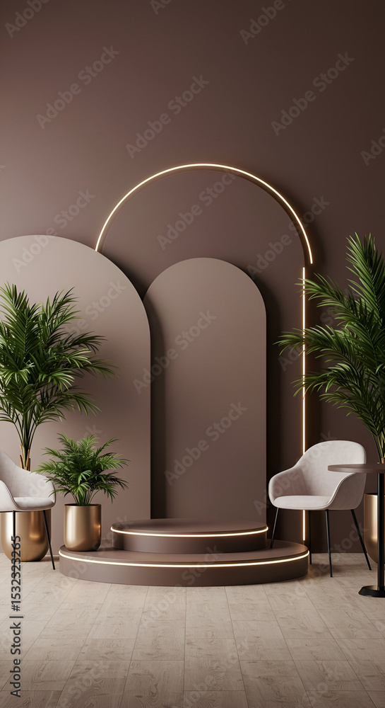 Poster modern empty brown interior design display with two potted plants and a round platform. empty room s