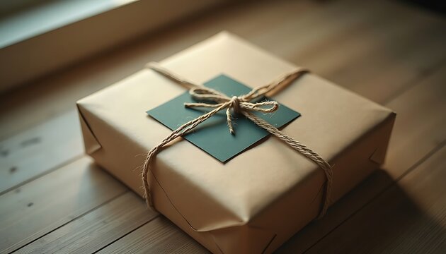 Wrapped square gift with brown paper, string and dark green square tag.