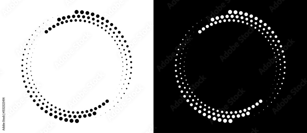 Poster Modern abstract background. Halftone dots in circle form. Round logo. Vector dotted frame. Design element or icon. Black shape on a white background and the same white shape on the black side.