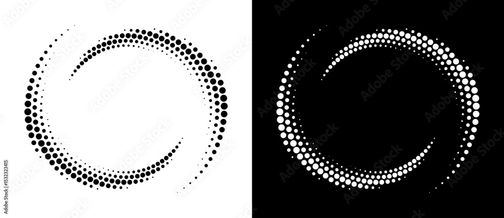 Poster Modern abstract background. Halftone dots in circle form. Round logo. Vector dotted frame. Design element or icon. Black shape on a white background and the same white shape on the black side.