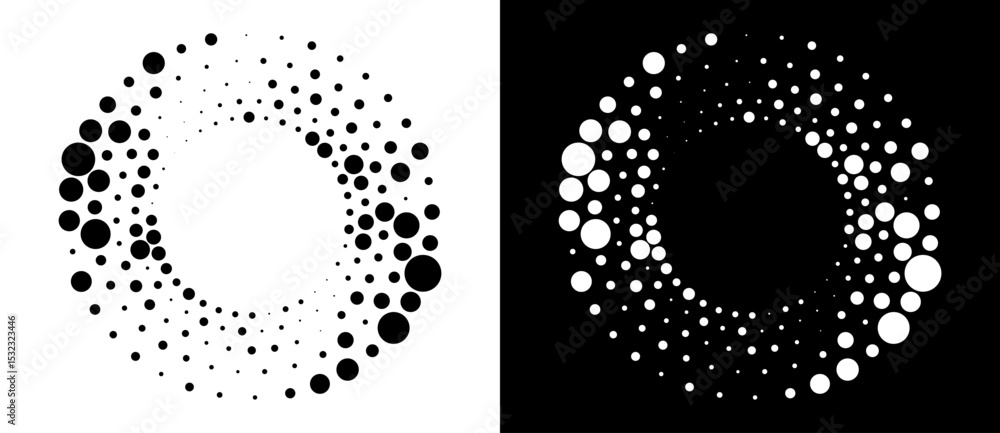 Aufkleber Modern abstract background. Halftone dots in circle form. Round logo. Vector dotted frame. Design element or icon. Black shape on a white background and the same white shape on the black side.