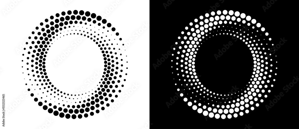 Aufkleber Modern abstract background. Halftone dots in circle form. Round logo. Vector dotted frame. Design element or icon. Black shape on a white background and the same white shape on the black side.