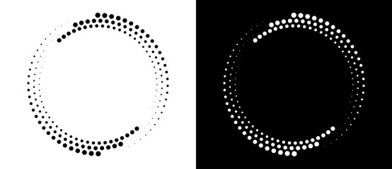 Modern abstract background. Halftone dots in circle form. Round logo. Vector dotted frame. Design element or icon. Black shape on a white background and the same white shape on the black side.