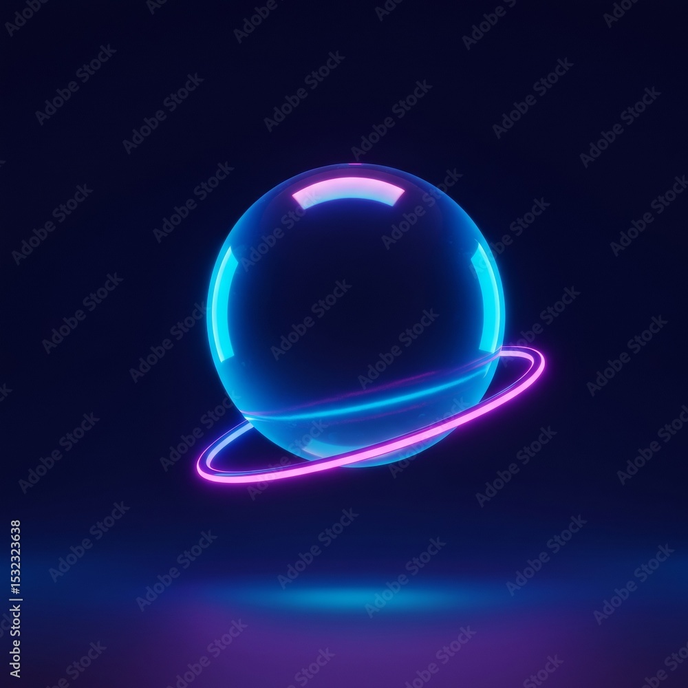 Poster neon glowing sphere with orbiting ring in dark space. abstract design element with vibrant colors. f