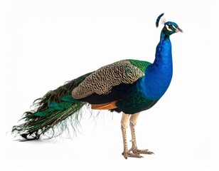 Obraz premium Peacock with tail closed over white background, no shadow
