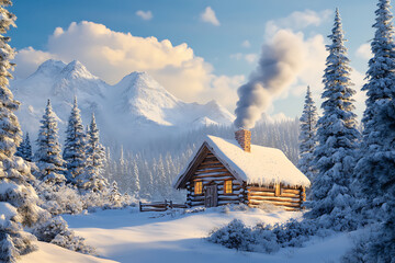 Cozy log cabin surrounded by snow-covered mountains and pine trees, with smoke rising from chimney