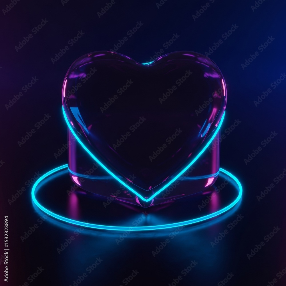 Poster abstract heart shape with vibrant neon lighting in a dark studio setting. geometric form with glowin