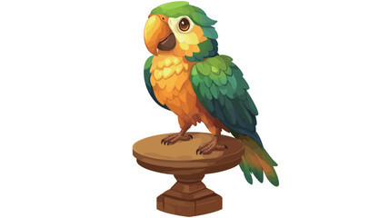 Fototapeta premium A digital illustration depicting a parrot perched on a small, dark brown wooden pedestal. The parrot is rendered in a vibrant, cartoonish style with predominantly green and yellow feathers.