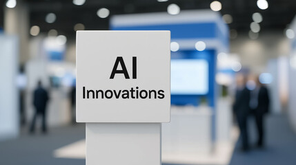 AI technology convention center with exhibition booth displaying artificial intelligence innovations and smart tech solutions
