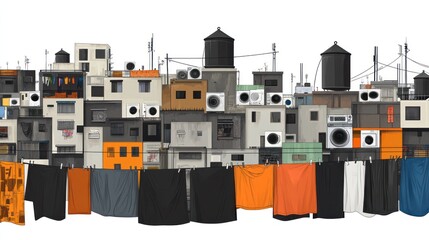 A dense urban scene with various buildings and laundry
