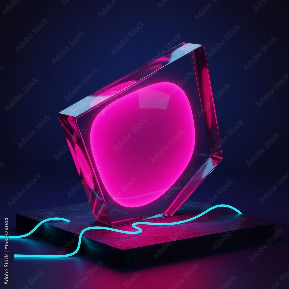 Poster abstract geometric shape with vibrant neon pink light, featuring a dark background with teal neon ac