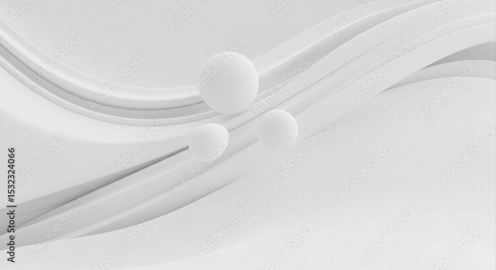 Poster smooth white curves with floating spheres.